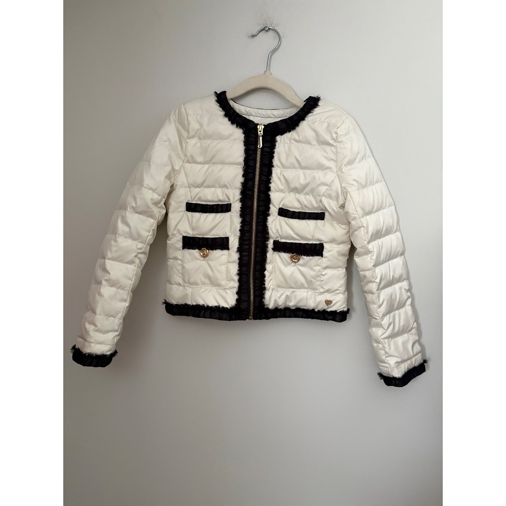 Juicy Couture Kid Size M Cream Puffer Jacket Black Ruffle Trim Gold Accent Y2K M